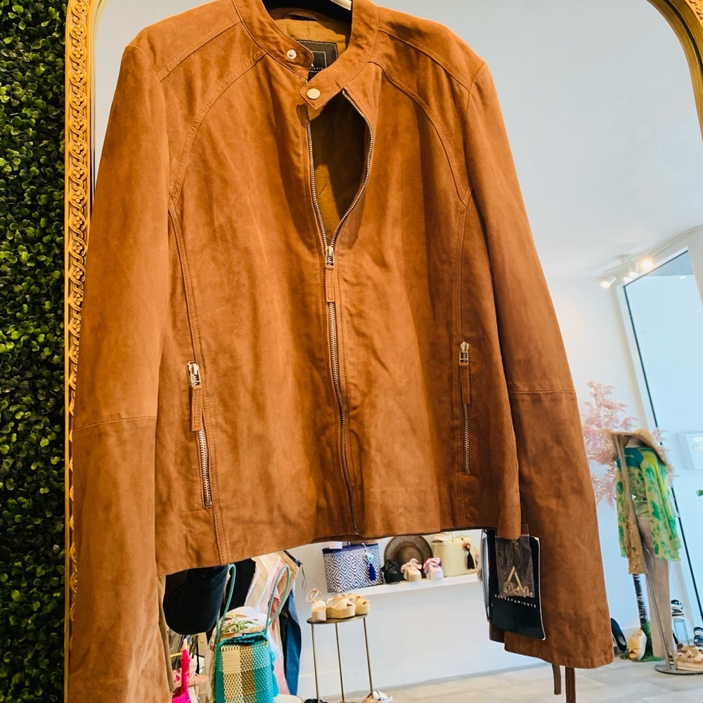 Serge Pariente Tan Cognac 100% Goat Suede Bomber Flight Moto Jacket Leni